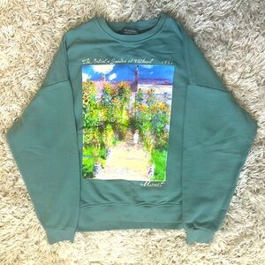 Teal Crewneck Sweater- Painting Graphic - Drop Shoulder - Great Condition